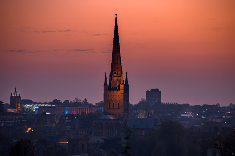 Norwich city skyline at dusk, home of DMR Personnel recruitment agency